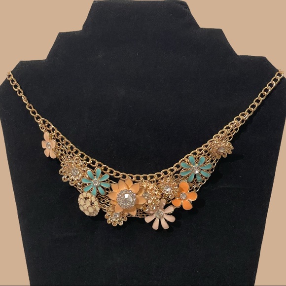 Goldtone Necklace with Flowers and Rhinestones - Picture 1 of 4